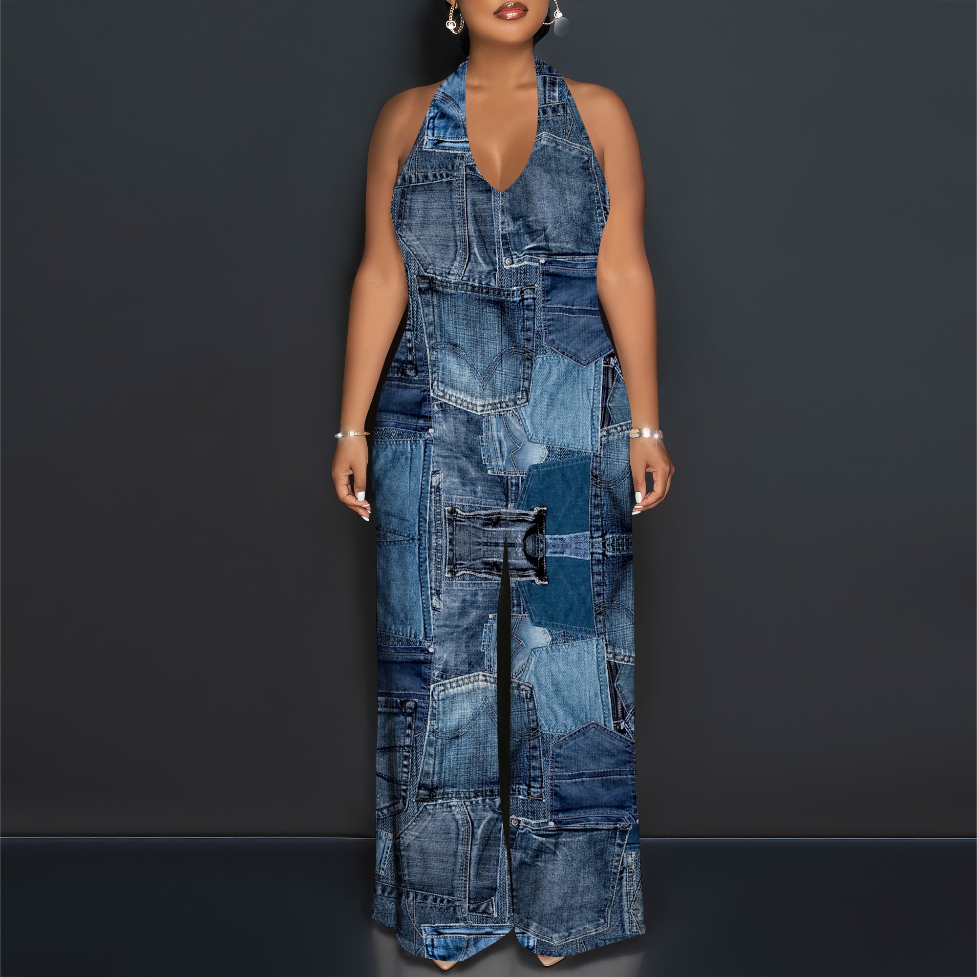 Maxi Dress Halter - Denim Patchwork Halter V-Neck Maxi Dress