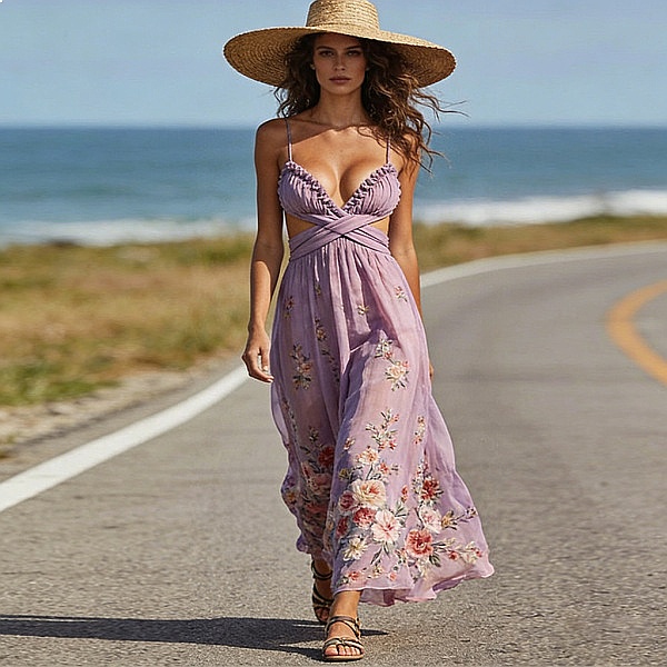 Maxi Dress Halter - Women's Chiffon Floral Print Long Dress