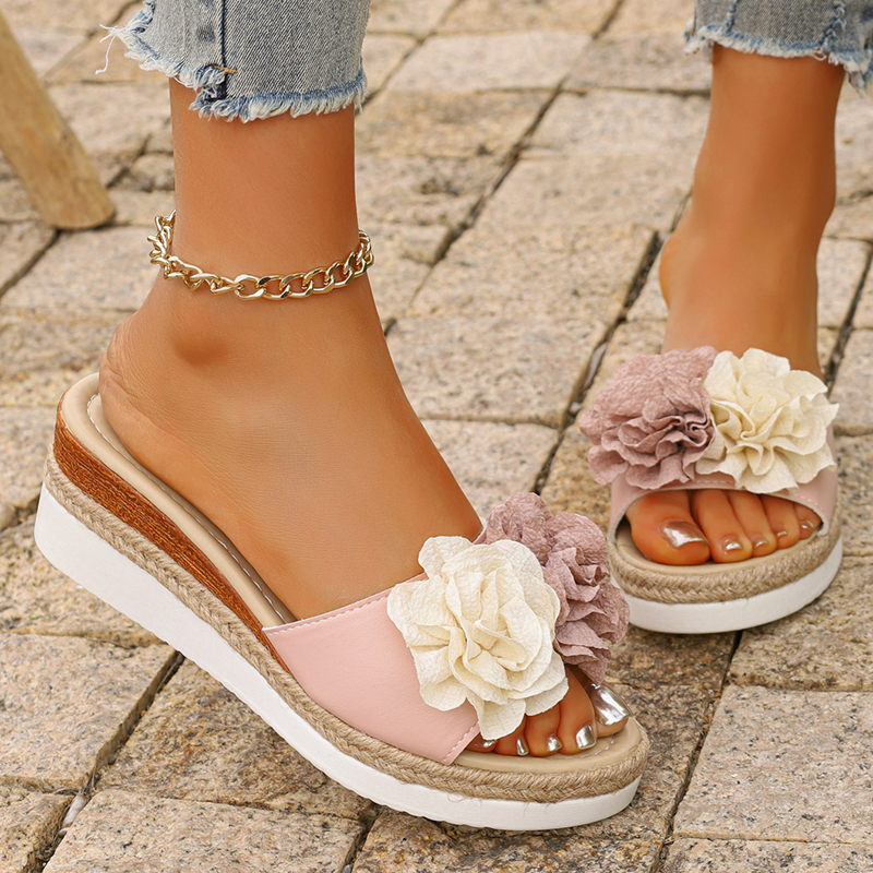 Women's Pink Flower Decor Plat - Wedge Espadrille Women ulasan dan harga