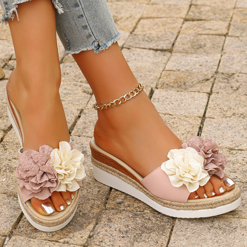 Women's Pink Flower Decor Plat - Wedge Espadrille Women ulasan dan harga