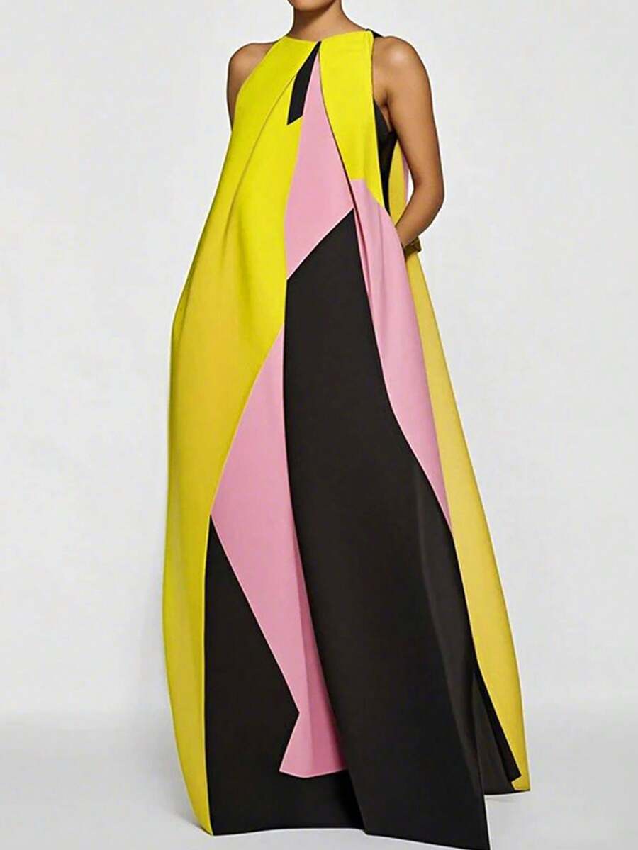 Women Color Block Maxi Dress H - Maxi Dress Halter ulasan dan harga