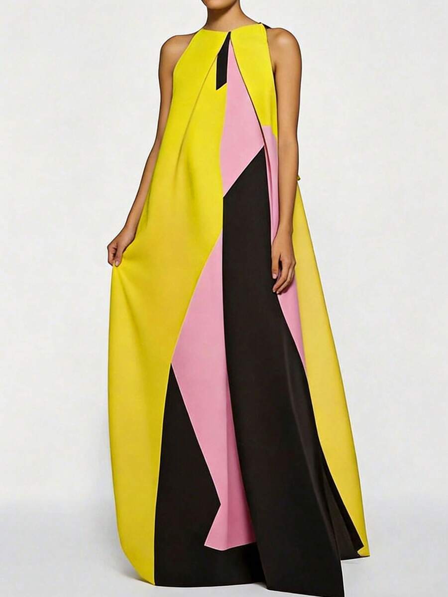 Women Color Block Maxi Dress H - Maxi Dress Halter ulasan dan harga