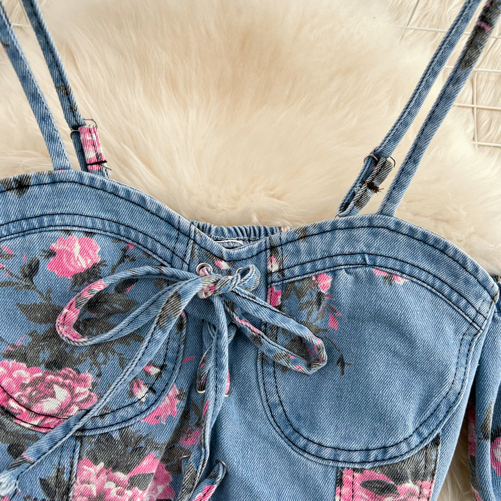 Fashion Floral Print Denim Ski - Romper Floral Print ulasan dan harga