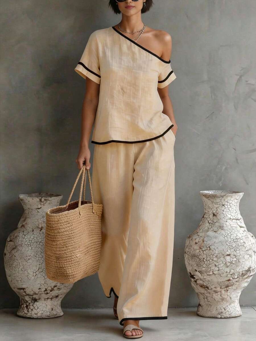 Womens Beige Asymmetric Top An - Linen Pant Wide ulasan dan harga