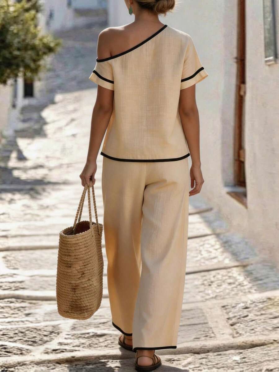 Womens Beige Asymmetric Top An - Linen Pant Wide ulasan dan harga