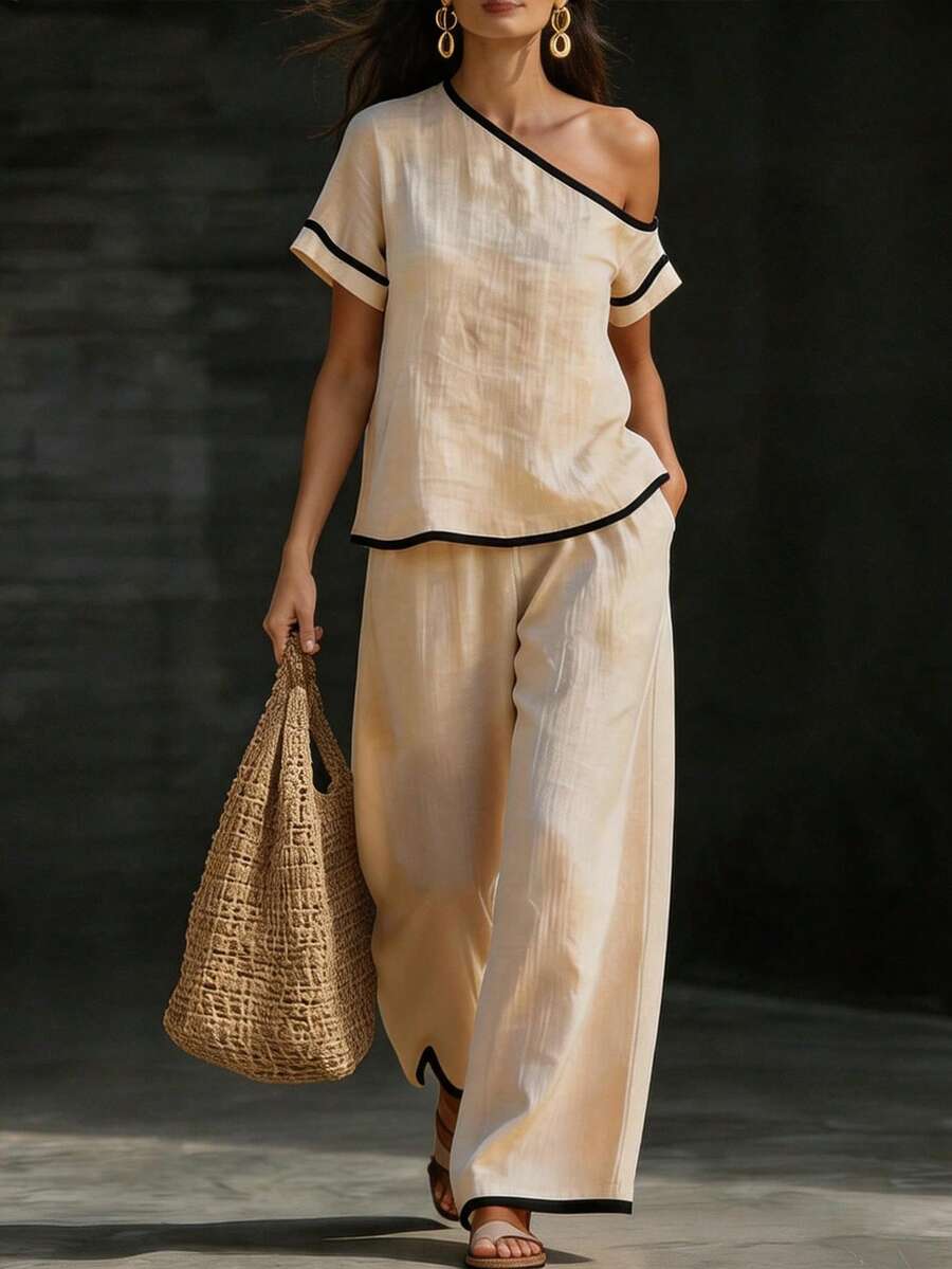 Womens Beige Asymmetric Top An - Linen Pant Wide ulasan dan harga