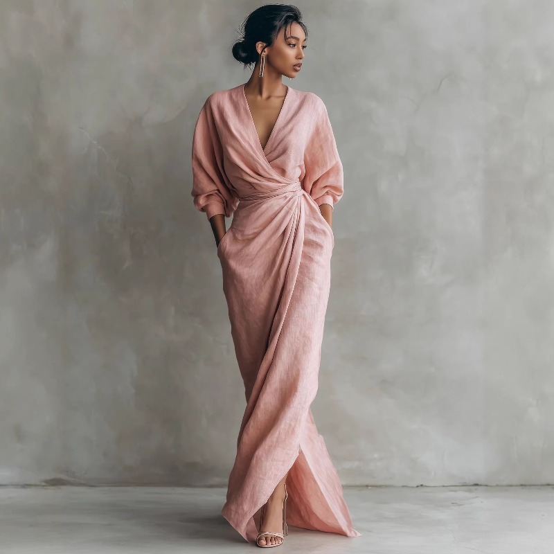 Women's Pink Linen Wrap Maxi D - Linen Dress Wrap ulasan dan harga