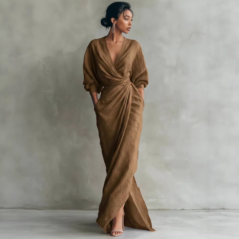 Women's Pink Linen Wrap Maxi D - Linen Dress Wrap ulasan dan harga