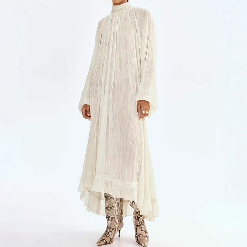 Ladies O-neck Long Sleeved Ple - Linen Dress Wrap ulasan dan harga