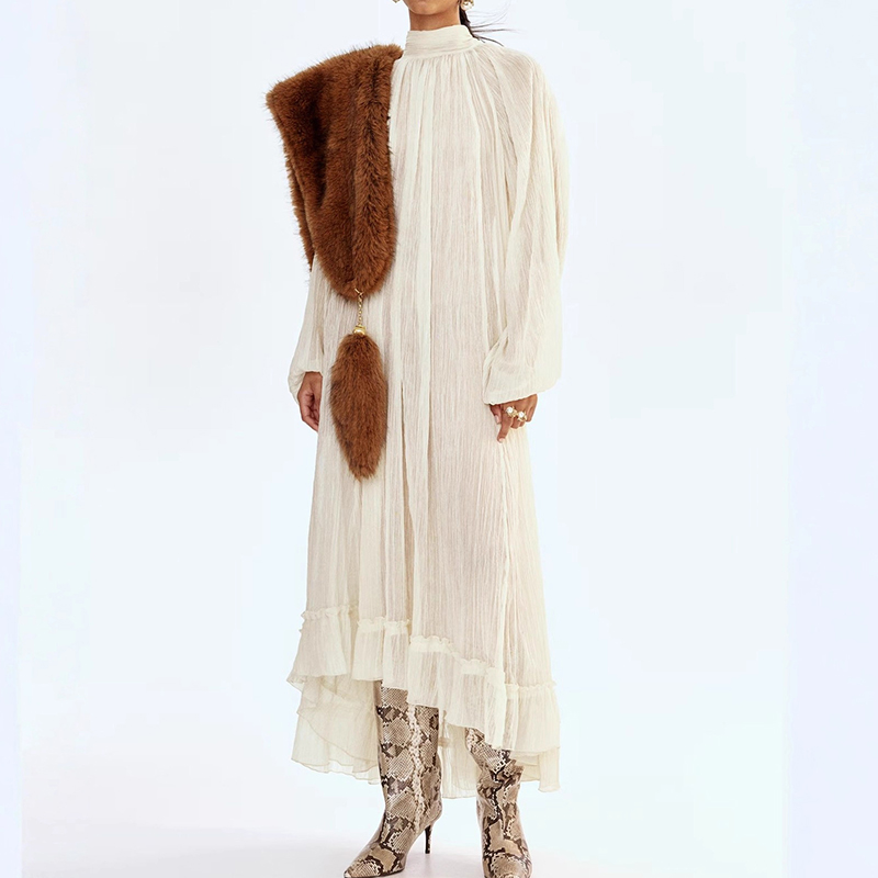 Ladies O-neck Long Sleeved Ple - Linen Dress Wrap ulasan dan harga