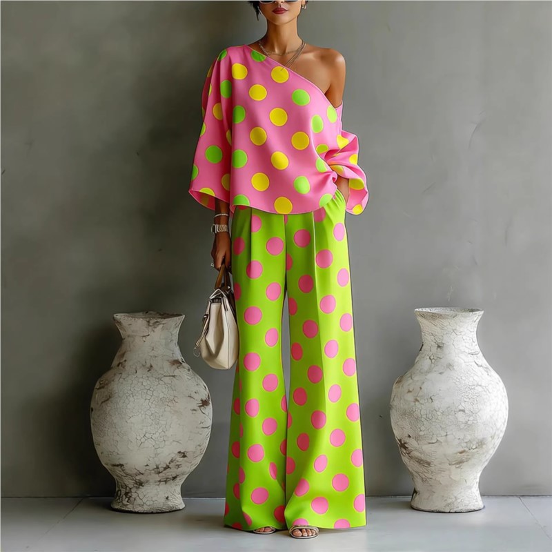 Women's Polka Dot 2 Piece Outf - Blouse Off Shoulder ulasan dan harga