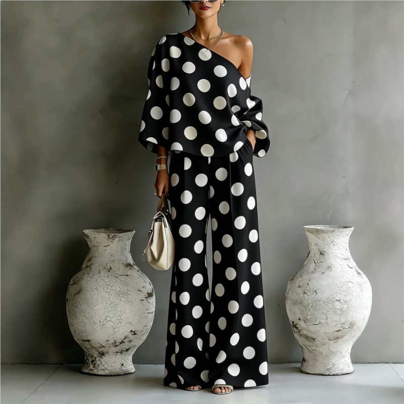 Women's Polka Dot 2 Piece Outf - Blouse Off Shoulder ulasan dan harga