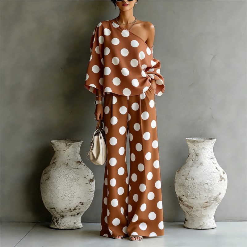 Women's Polka Dot 2 Piece Outf - Blouse Off Shoulder ulasan dan harga