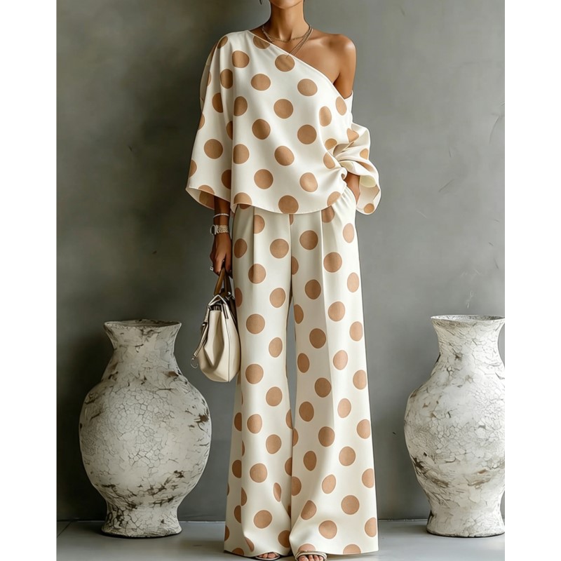 Women's Polka Dot 2 Piece Outf - Blouse Off Shoulder ulasan dan harga