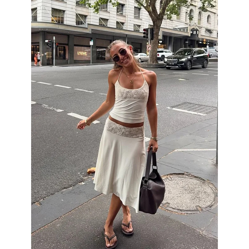 Sexy Lace Patchwork Sling Top  - Maxi Dress Halter ulasan dan harga