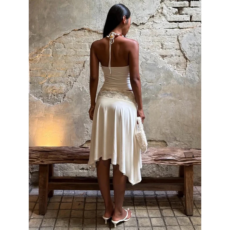 Sexy Lace Patchwork Sling Top  - Maxi Dress Halter ulasan dan harga