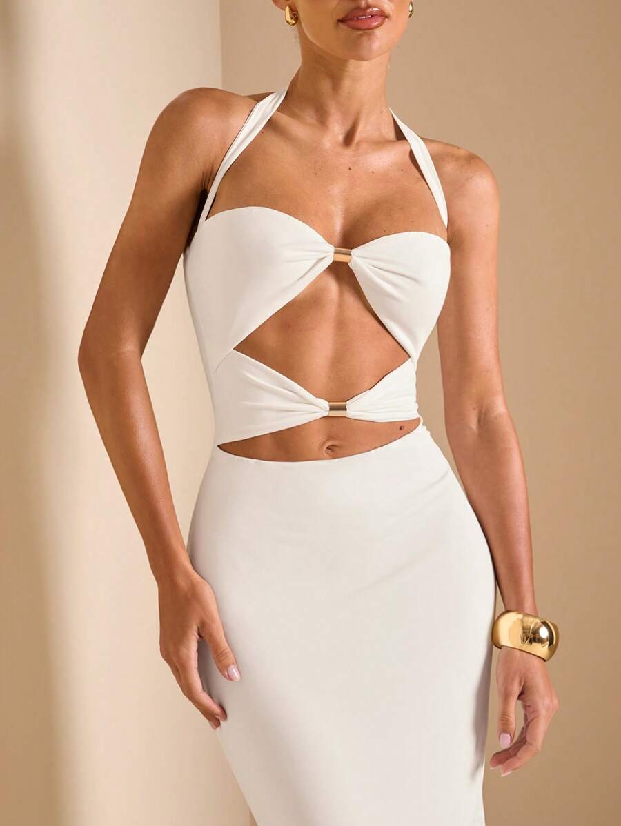 White Cut Out Halter Neck Fitt - Maxi Dress Halter ulasan dan harga
