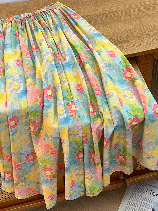 Retro Artistic Large Size A-Li - Midi Skirt Floral ulasan dan harga