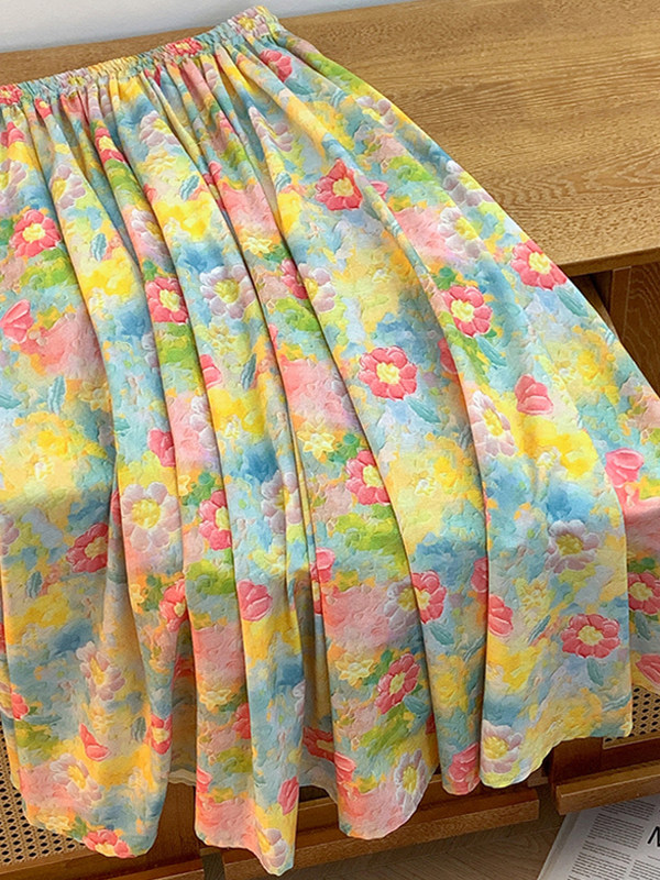 Retro Artistic Large Size A-Li - Midi Skirt Floral ulasan dan harga