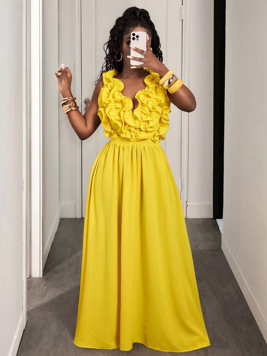 Yellow Deep V-Neck Ruffle Halt - Maxi Dress Halter ulasan dan harga
