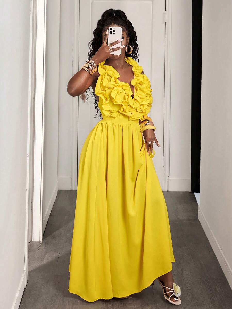 Yellow Deep V-Neck Ruffle Halt - Maxi Dress Halter ulasan dan harga