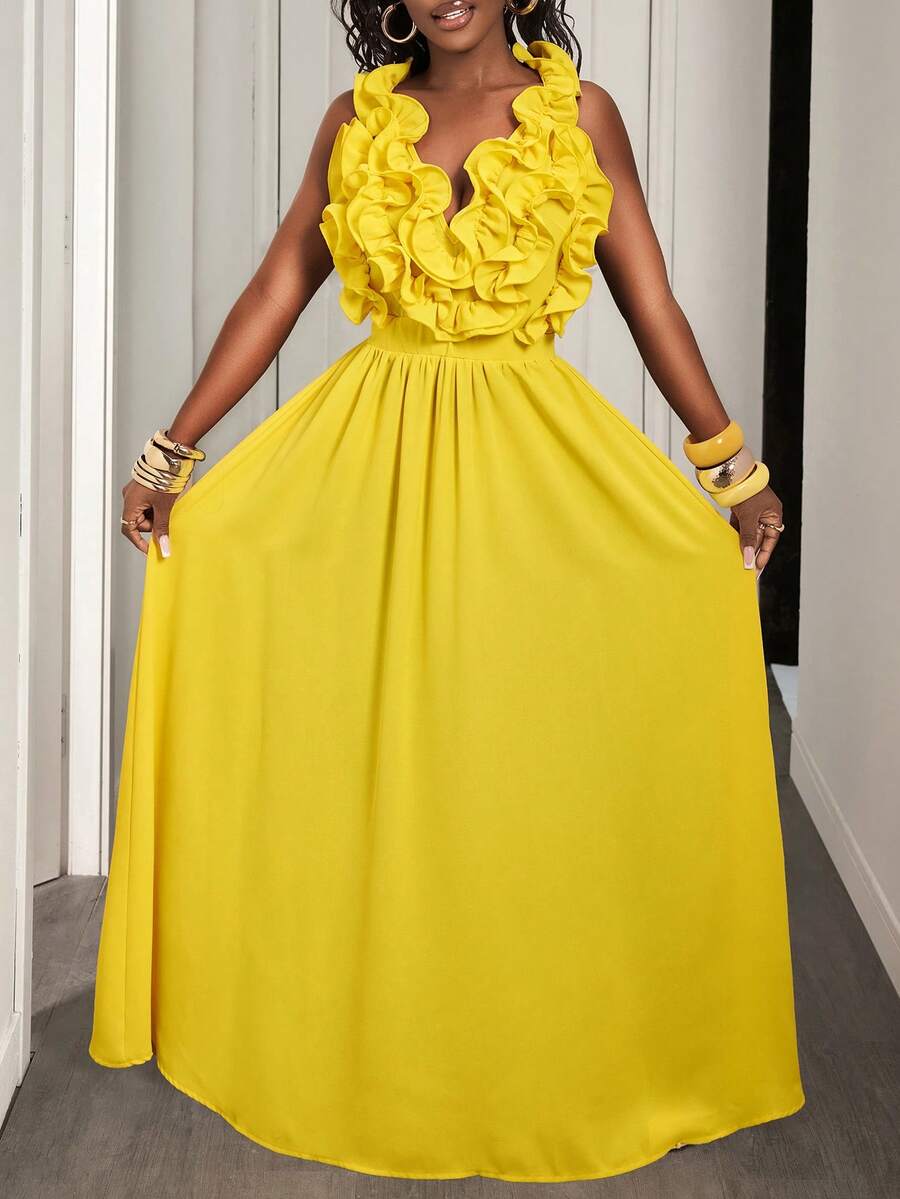 Yellow Deep V-Neck Ruffle Halt - Maxi Dress Halter ulasan dan harga