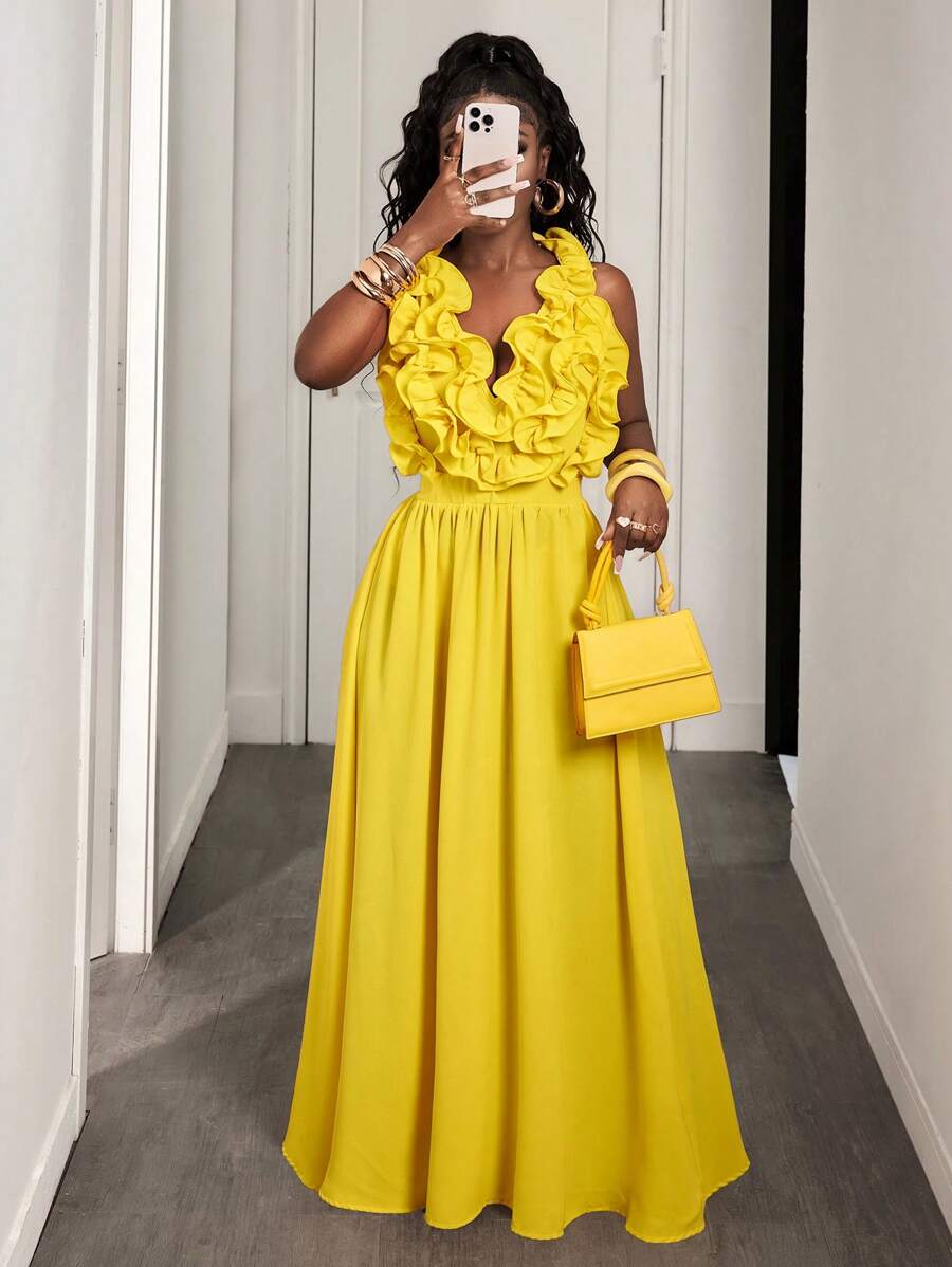 Yellow Deep V-Neck Ruffle Halt - Maxi Dress Halter ulasan dan harga