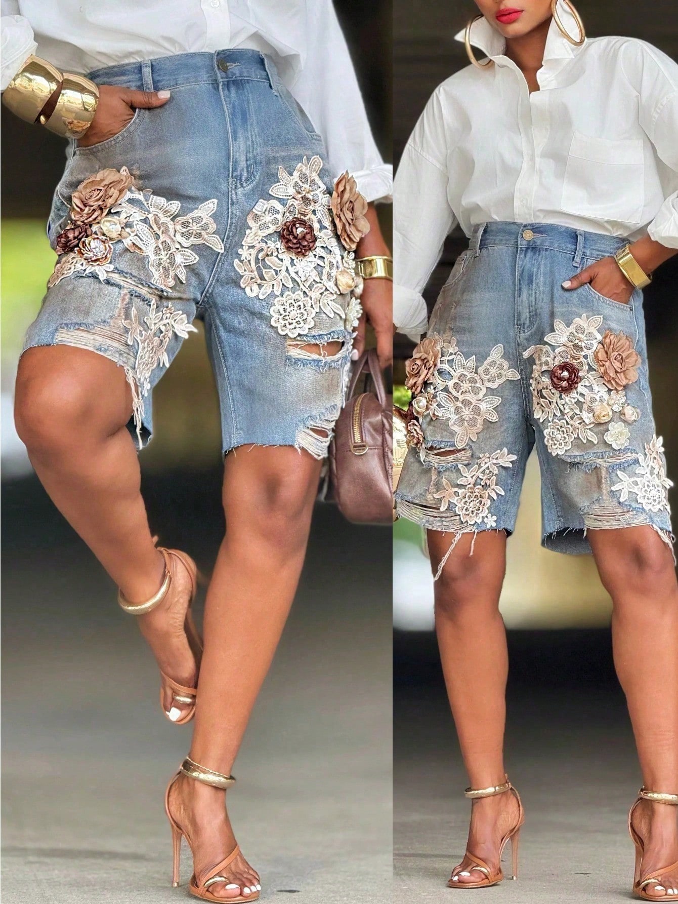 GLOURI Women 3D Floral Appliqu - Shorts Denim Frayed ulasan dan harga
