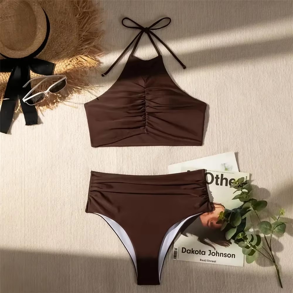 Dark Brown Solid Swimwears Hal - Swimsuit Bikini Ruched ulasan dan harga
