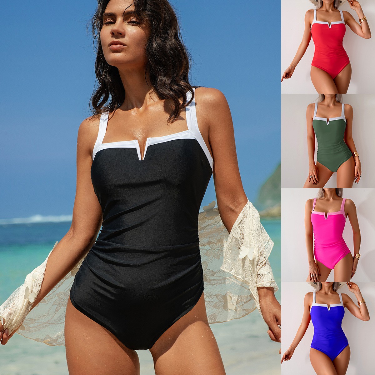 Black Swimsuit V Neck Red Biki - Swimsuit Bikini Ruched ulasan dan harga