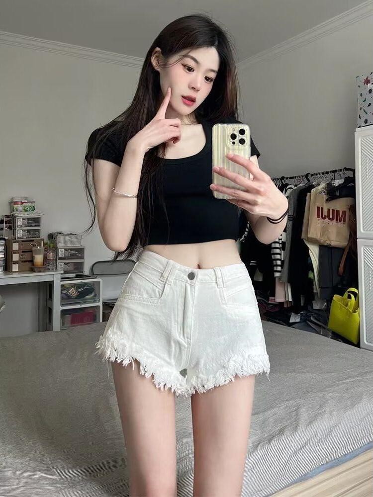 High Waist White Denim Shorts  - Shorts Denim Frayed ulasan dan harga