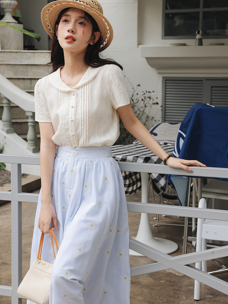 Vintage White Shirt Floral Emb - Midi Skirt Floral ulasan dan harga