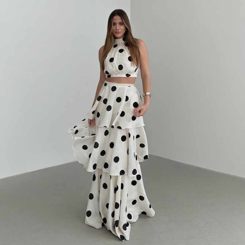 Vintage Polka Dot Matching Set - Crop Top Crochet ulasan dan harga