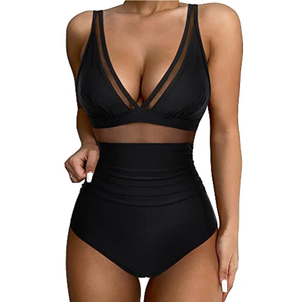 Women Deep V Mesh Cutout One P - Swimsuit Bikini Ruched ulasan dan harga