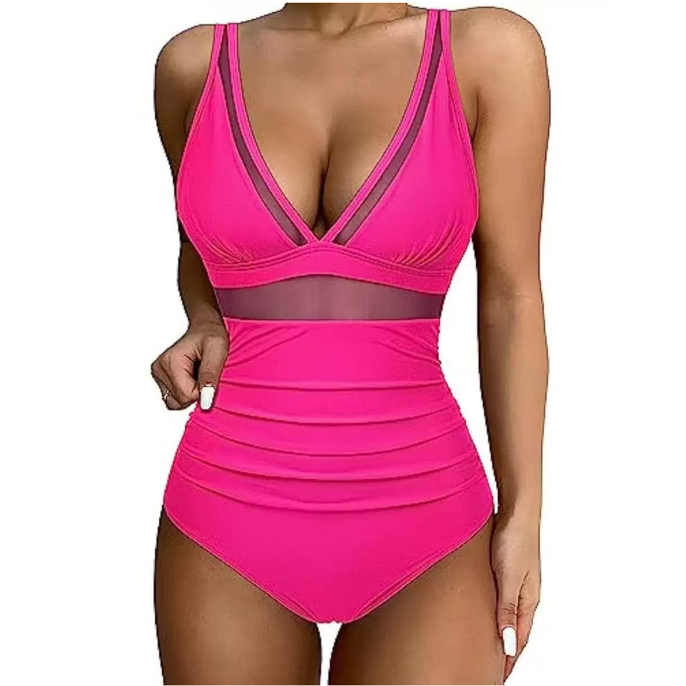 Women Deep V Mesh Cutout One P - Swimsuit Bikini Ruched ulasan dan harga
