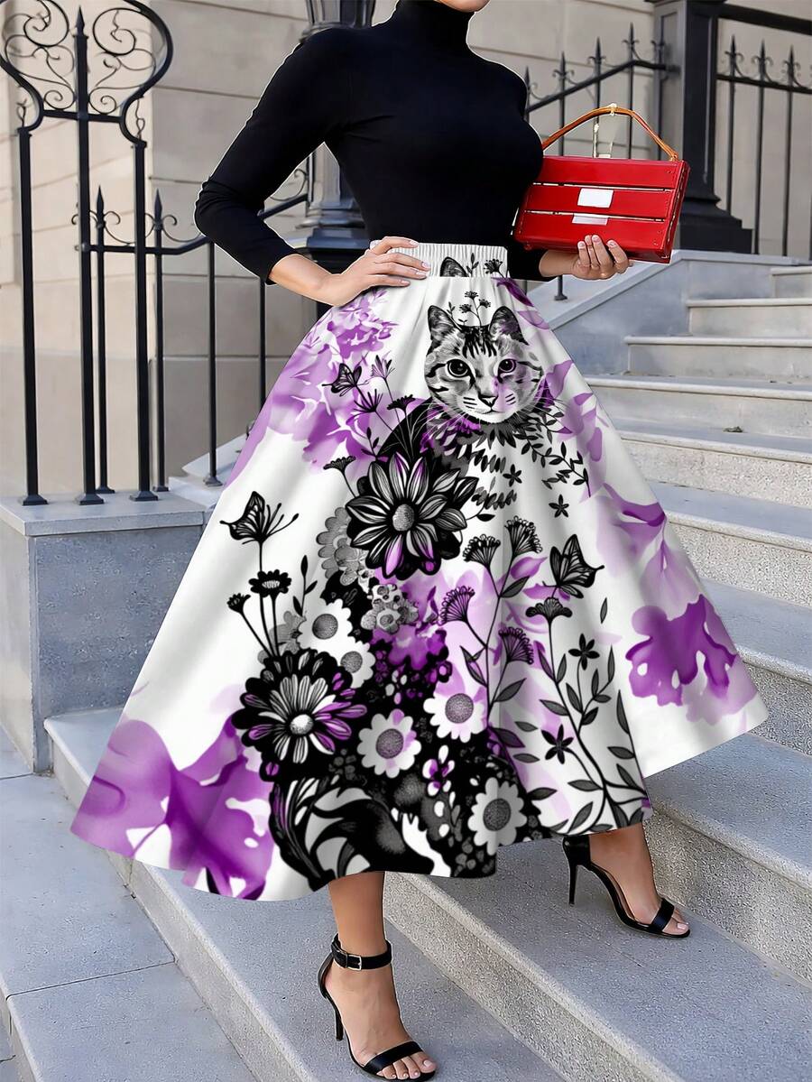 Oversized Floral Cat Print Mid - Midi Skirt Floral ulasan dan harga