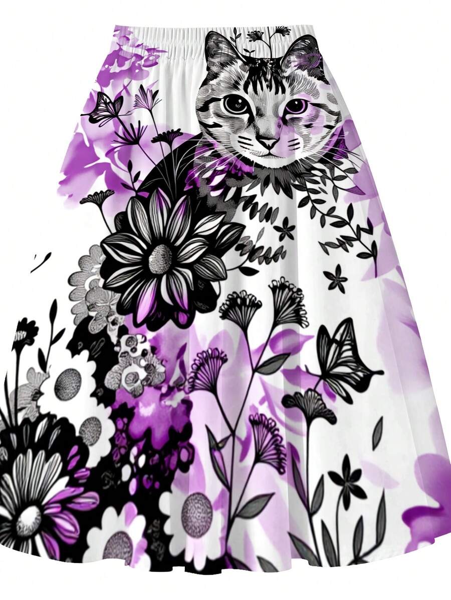 Oversized Floral Cat Print Mid - Midi Skirt Floral ulasan dan harga