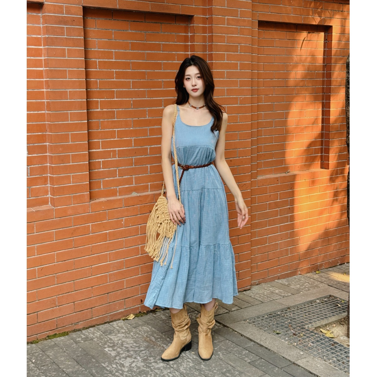 Elegant Blue Plaid Cotton Line - Linen Dress Wrap ulasan dan harga