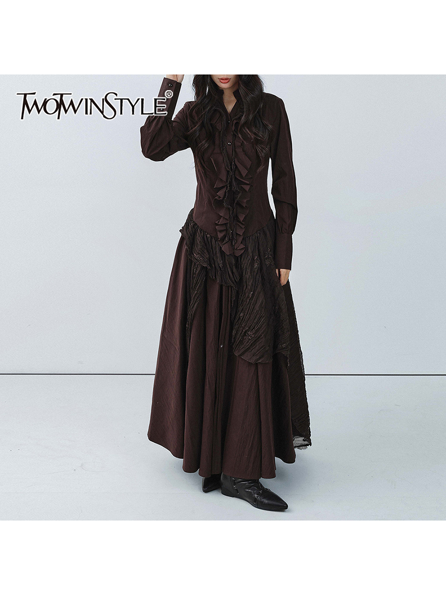 TWOTWINSTYLE Brown Spliced Fol - Linen Dress Wrap ulasan dan harga