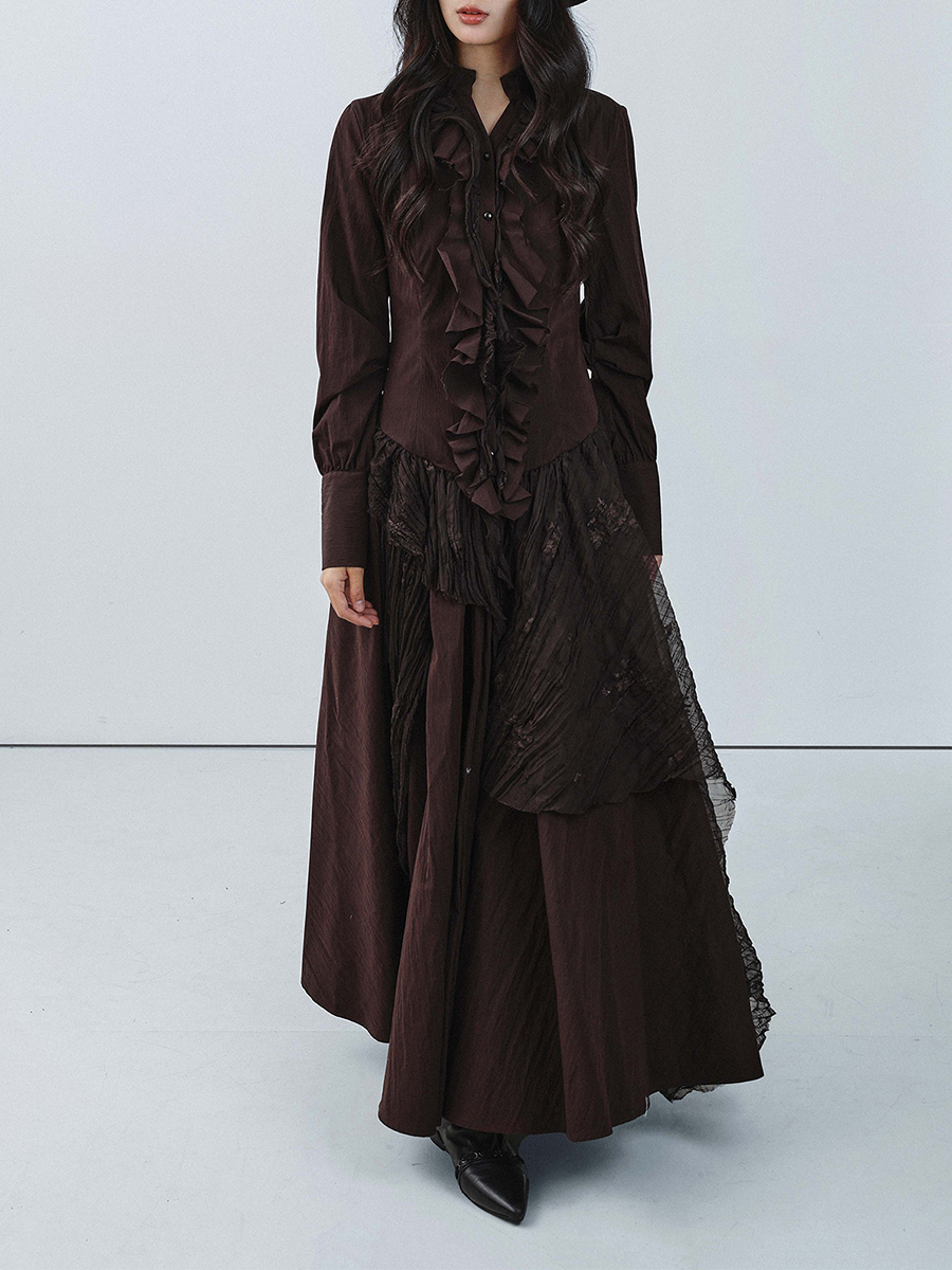 TWOTWINSTYLE Brown Spliced Fol - Linen Dress Wrap ulasan dan harga