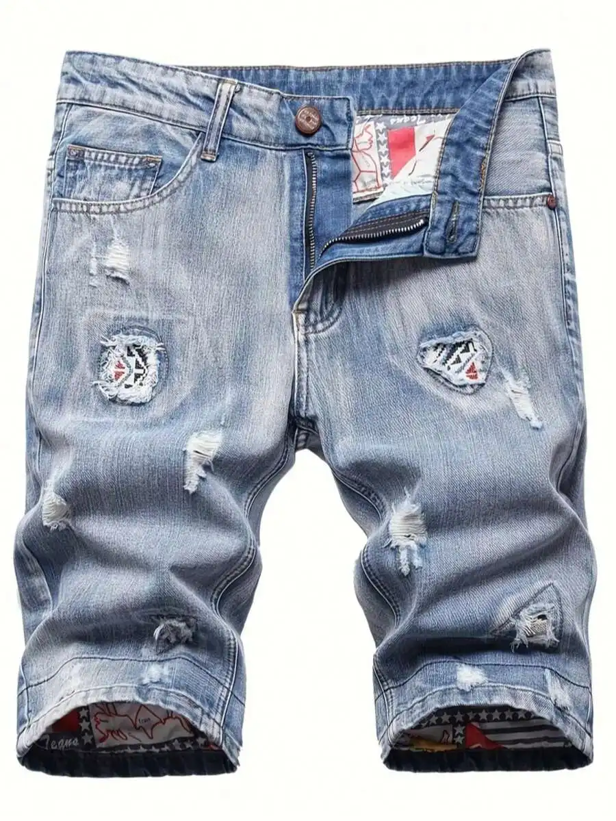 Mens Ripped Denim Shorts Mid-R - Shorts Denim Frayed ulasan dan harga