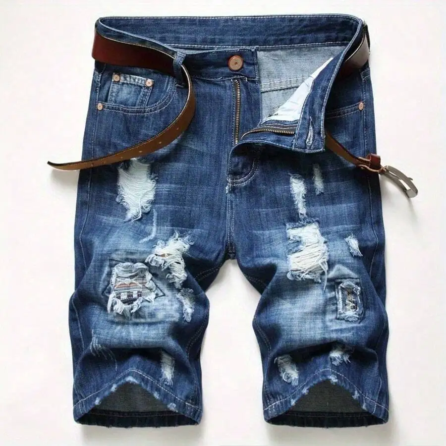 Mens Ripped Denim Shorts Mid-R - Shorts Denim Frayed ulasan dan harga