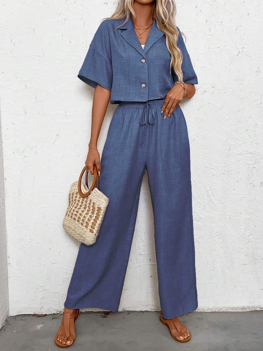 Womens Linen Short Sleeve Shir - Linen Pant Wide ulasan dan harga