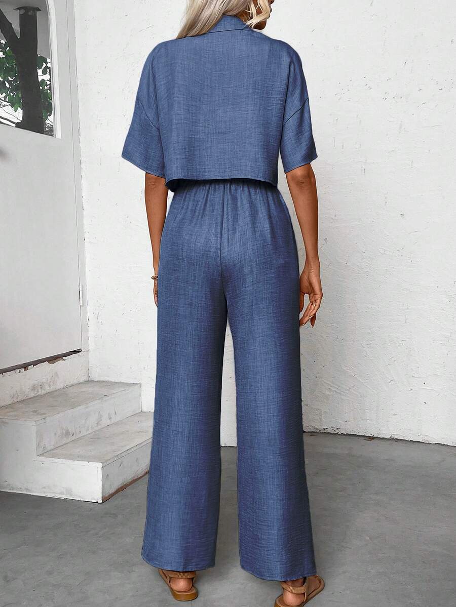 Womens Linen Short Sleeve Shir - Linen Pant Wide ulasan dan harga