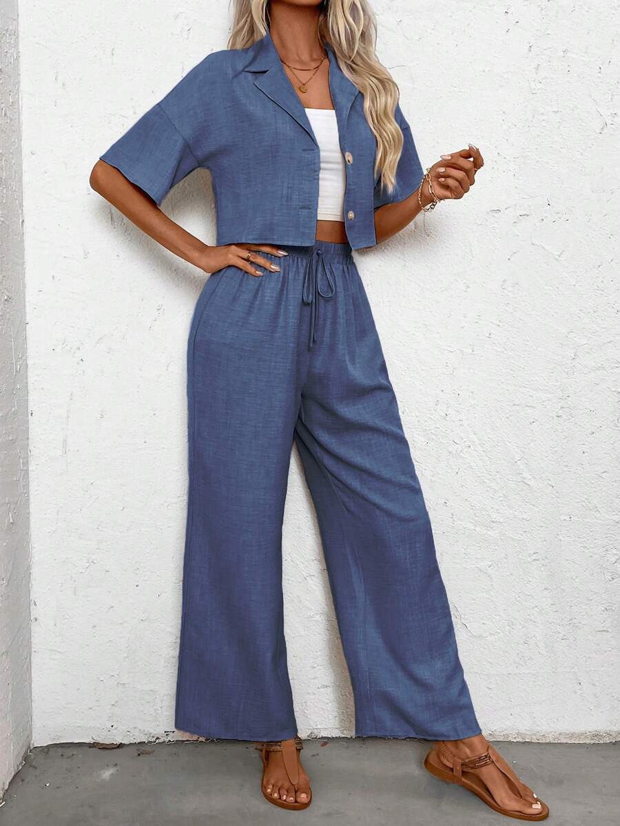 Womens Linen Short Sleeve Shir - Linen Pant Wide ulasan dan harga