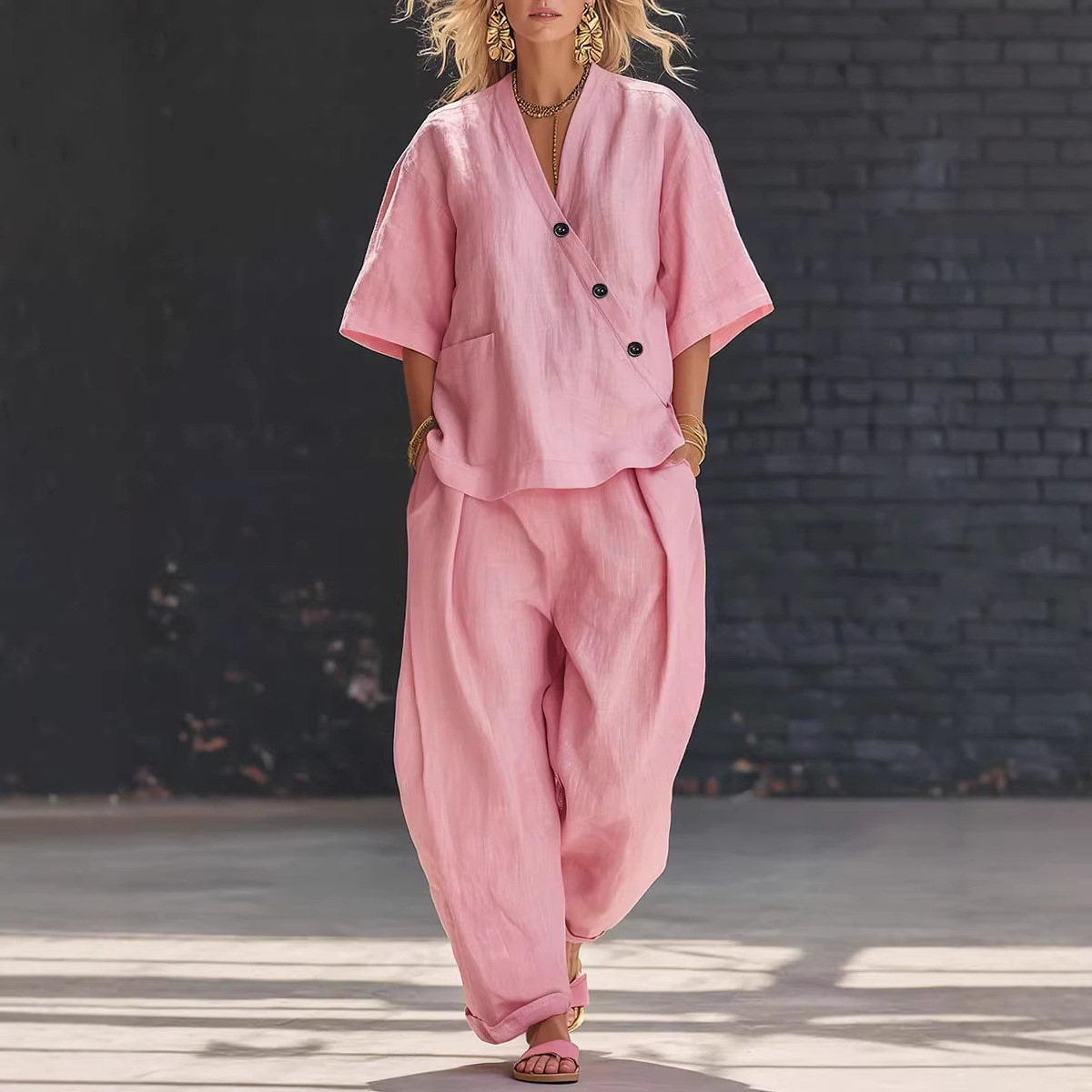 Women’s Two Piece Set Loose V  - Linen Pant Wide ulasan dan harga