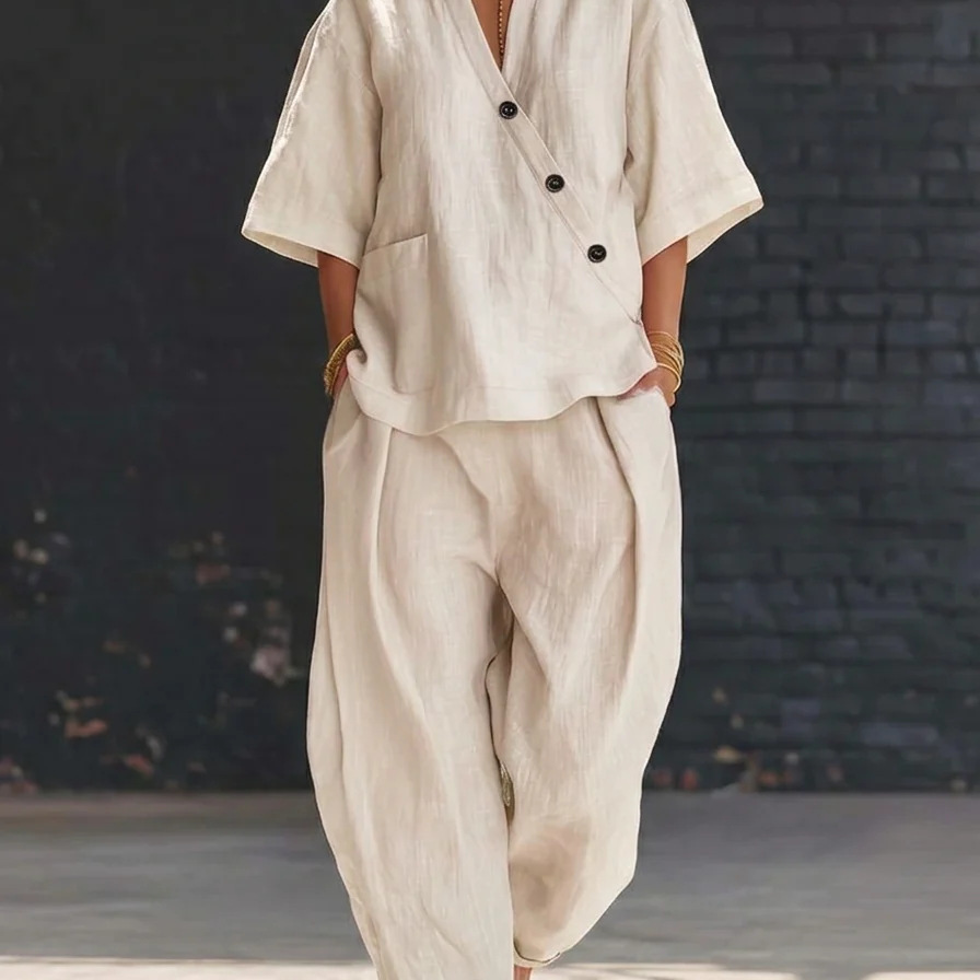 Women’s Two Piece Set Loose V  - Linen Pant Wide ulasan dan harga