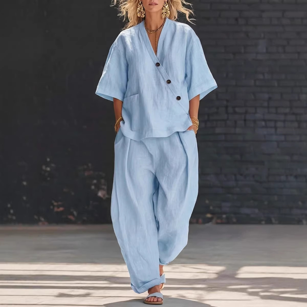 Women’s Two Piece Set Loose V  - Linen Pant Wide ulasan dan harga