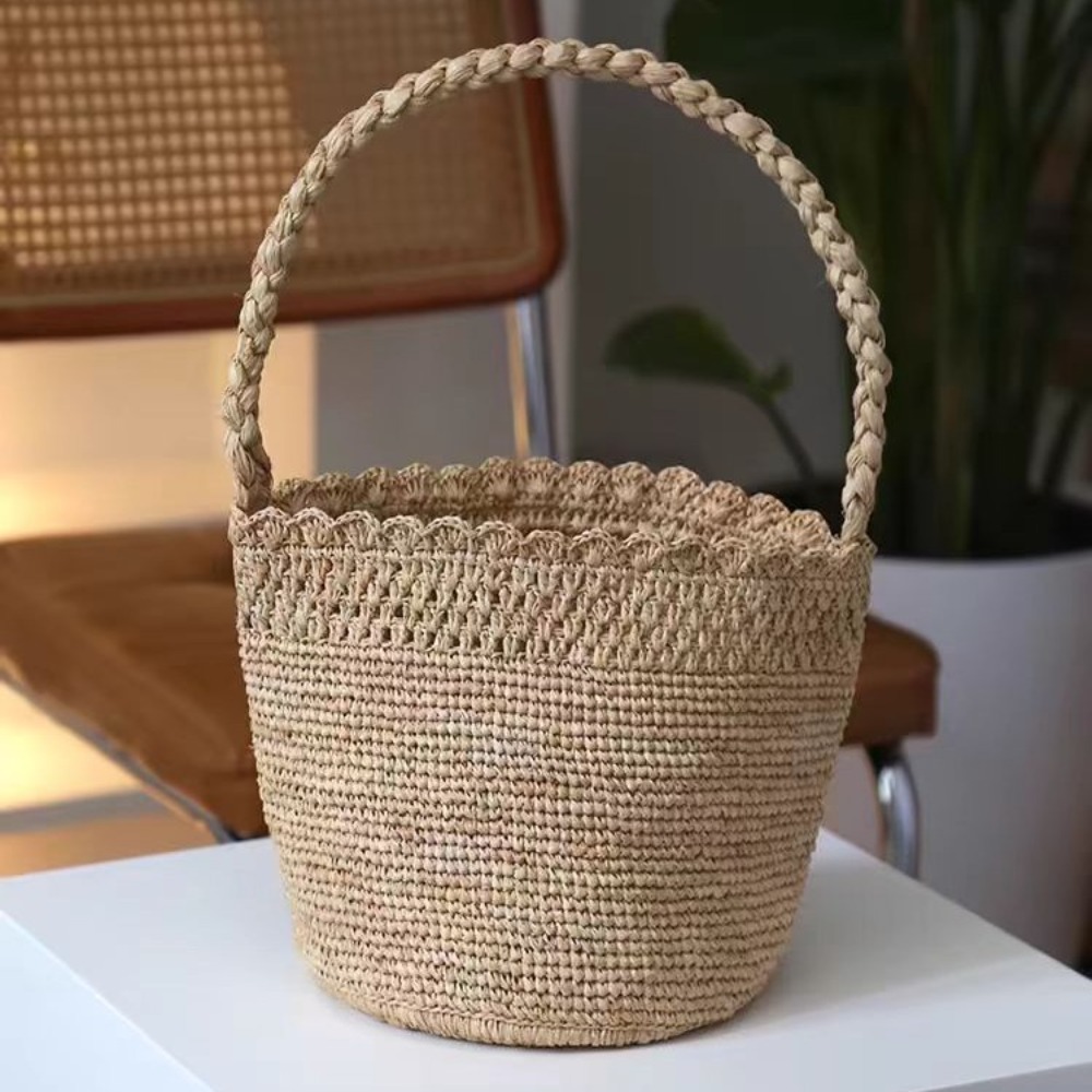 Handmade Crochet Straw Bucket  - Crochet Bag Raffia ulasan dan harga