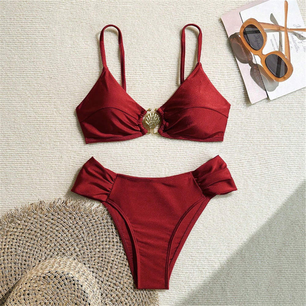 Metal Shell Ring Swimwear Sexy - Swimsuit Bikini Ruched ulasan dan harga